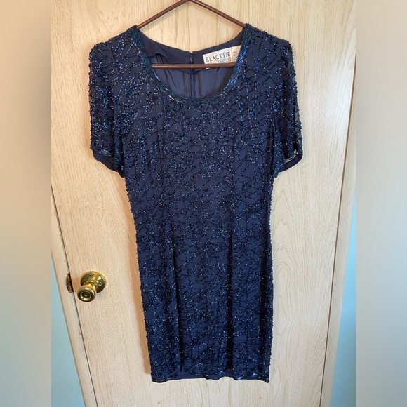 Vintage 90s Oleg Cassini Black Tie Beaded Silk Midnight Blue Cocktail Dress 6 - Picture 1 of 12